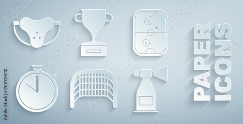 Set Ice hockey goal, Air table, Stopwatch, horn, Award cup and Protective sport jockstrap icon. Vector