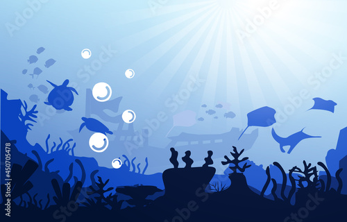 Sunken Ship Wildlife Sea Animals Ocean Underwater Aquatic Illustration