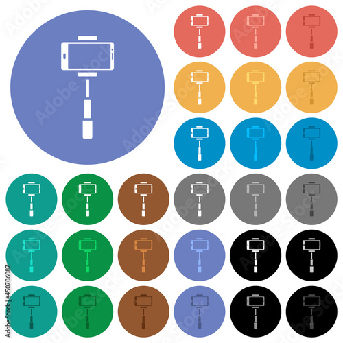 Smartphone on selfie stick front view round flat multi colored icons