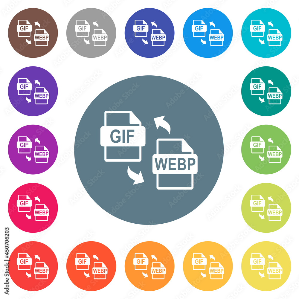 GIF WEBP file conversion flat white icons on round color backgrounds GIF WEBP file conversion flat white icons on round color backgrounds