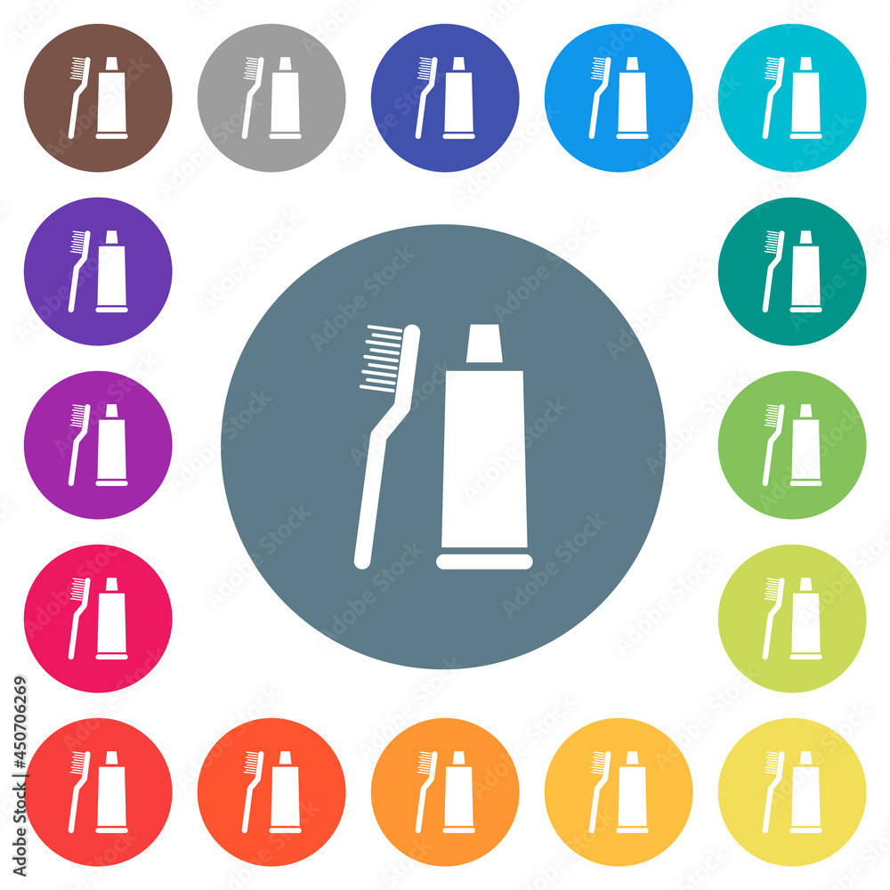 Toothbrush and toothpaste tube flat white icons on round color backgrounds Toothbrush and toothpaste tube flat white icons on round color backgrounds