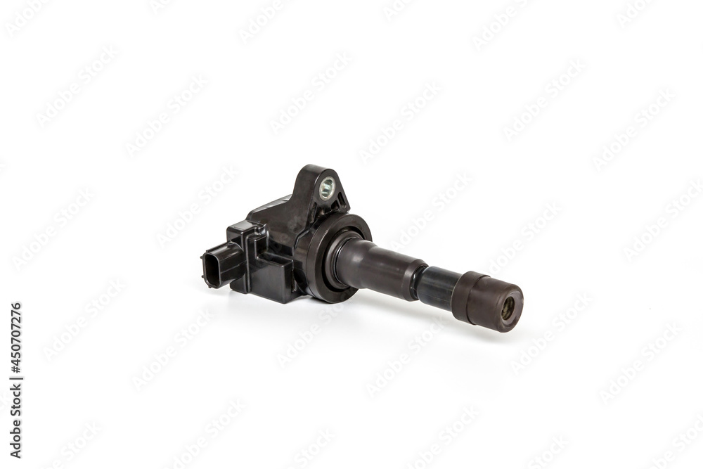 Old Ignition coil of Gasoline engine white background service concept and maintenance long time with car Old Ignition coil of Gasoline engine white background service concept and maintenance long time with car