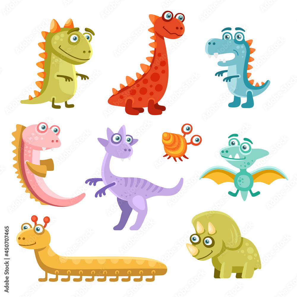 Cute Cartoon Dinosaurs Icon Set on White Background. Vector Stock ...