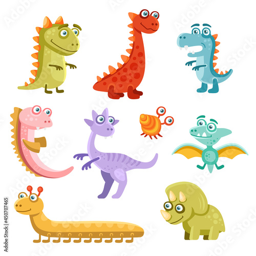 Cute Cartoon Dinosaurs Icon Set on White Background. Vector