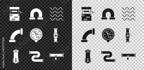 Set Well, Industry metallic pipe, Wave, Water filter, Broken with leaking water, and meter icon. Vector