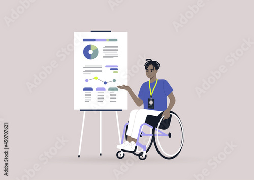 A young male Black character on a wheelchair presenting the infographics on a flip chart at the weekly office report meeting