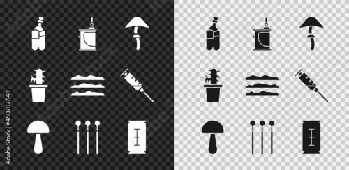 Set Bong for smoking marijuana, Electronic cigarette, Psilocybin mushroom, Matches, Blade razor, Cactus peyote pot and Cocaine heroin drug icon. Vector