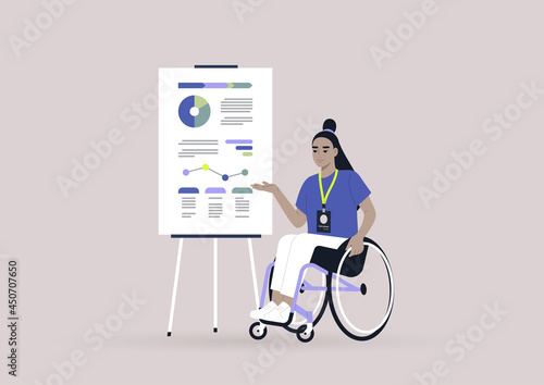 A young female Asian character on a wheelchair presenting the infographics on a flip chart at the weekly office report meeting