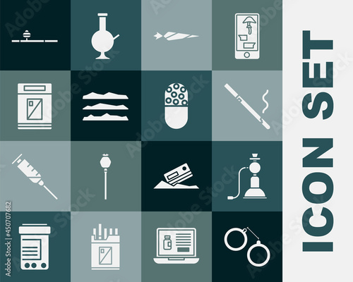 Set Handcuffs, Hookah, Cigarette, Marijuana joint, Cocaine or heroin drug, Cigarettes pack box, Opium pipe and Medicine pill tablet icon. Vector