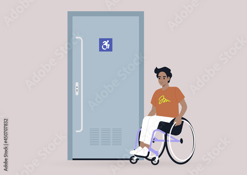 Young male character in a wheelchair next to an accessible toilet door, inclusivity in daily life