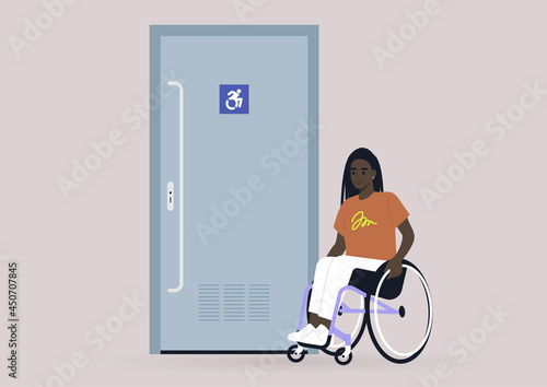 Young female Black character in a wheelchair next to an accessible toilet door, inclusivity in daily life
