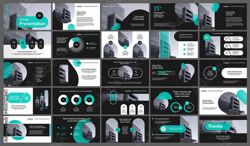 Set of vector slides for presentations and reports. Geometric elements with infographics in minimal design on a white background. Can be used for brochures, flyers, booklets, banners, web interfaces.