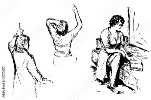 Vector set of three black and white sketches. Girls in clothes: sitting on the couch and reading, standing half turnover, back to the viewer with raised hands.