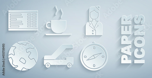 Set Passenger ladder for plane boarding, Stewardess, Worldwide, Compass, Coffee cup and Airport icon. Vector