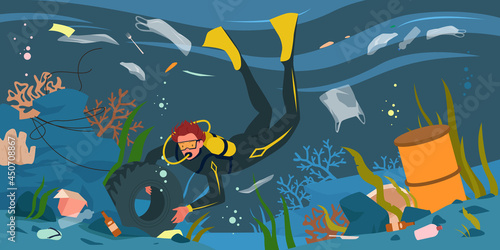 Cartoon dirty underwater scenery with man collecting garbage, car tire, plastic bottle and paper box background. Scuba diver cleaning sea ocean water from plastic trash pollution vector illustration