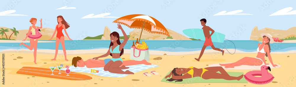 People on fun summer travel vacation in sea beach landscape vector illustration. Cartoon seaside panorama scenery with tourist friends or couple characters sunbathe, man surfer with surfboard walking