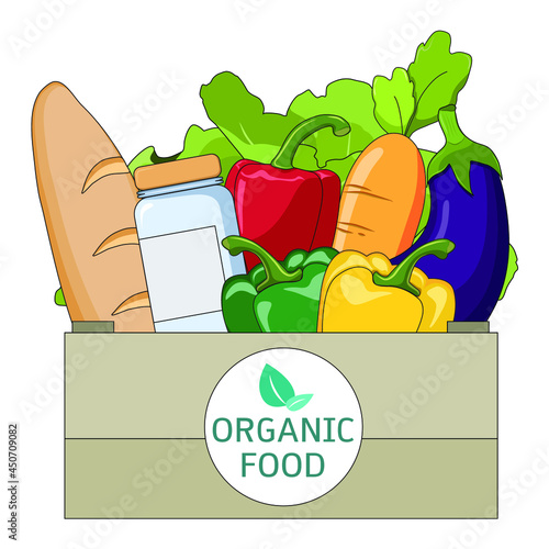 Healthy Organic Food for delivery service at home. Online order of shopping natural products for cooking food. Vector illustration concepts for store and good nutrition.
