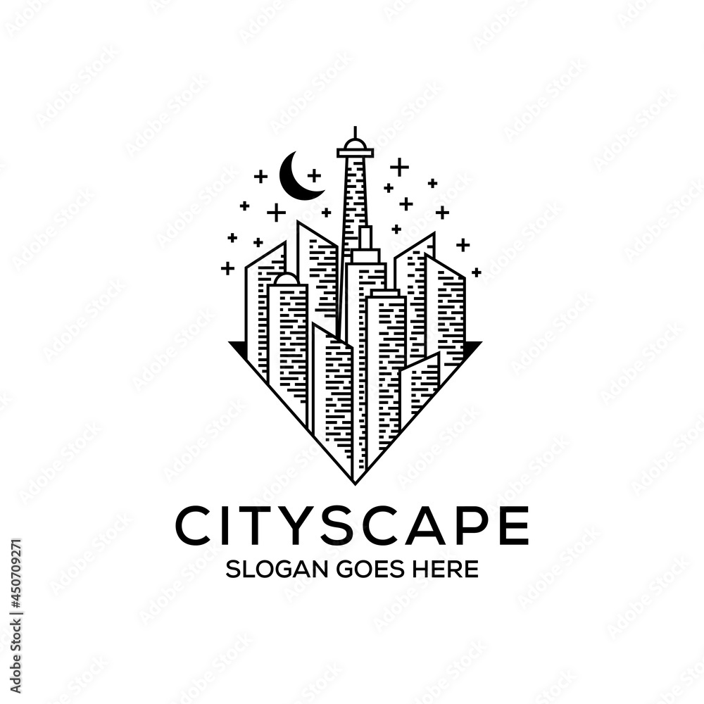 line art night cityscape logo design, building construction with monogram logo, can be used as symbols, brand identity, company logo, icons, or others.