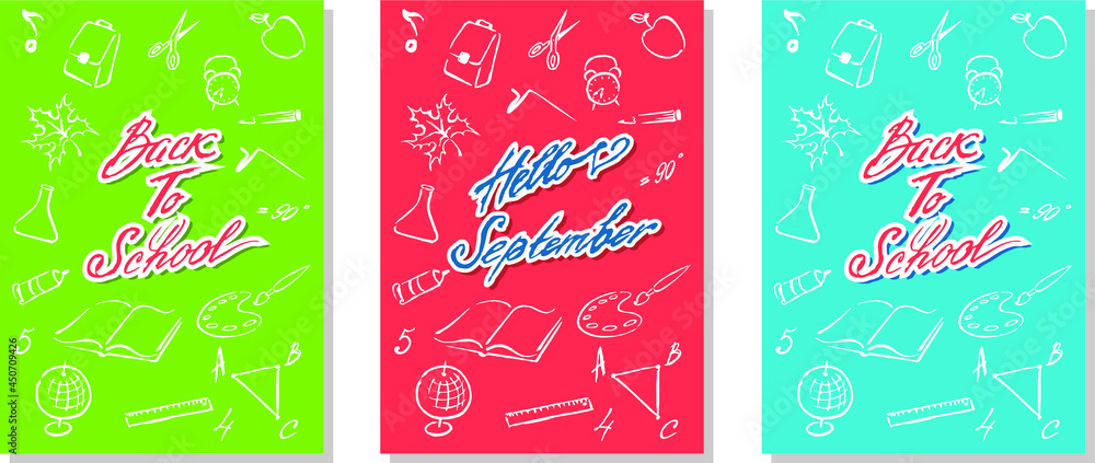 Naklejka premium Back to school, study, set with colored symbols: backpack, triangle, ruler, apple, pencil, book, palette, brush, paper clip, glue, scissors, globe, flask, angle, grades, numbers, root, alarm clock