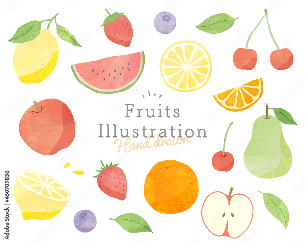 果物 フルーツの水彩風イラストのセット 果実 かわいい イチゴ リンゴ オレンジ スイカ レモン Stock Vector Adobe Stock