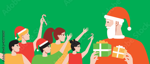 Santa claus with children, copy space template, flat vector stock illustration of merry christmas santa with gifts and children or kids with place for text