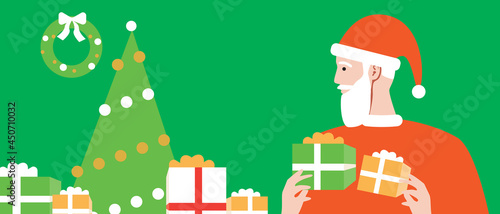 Santa claus with Christmas gifts, copy space template, Flat vector stock illustration with Christmas tree with Santa as a symbol of the new year