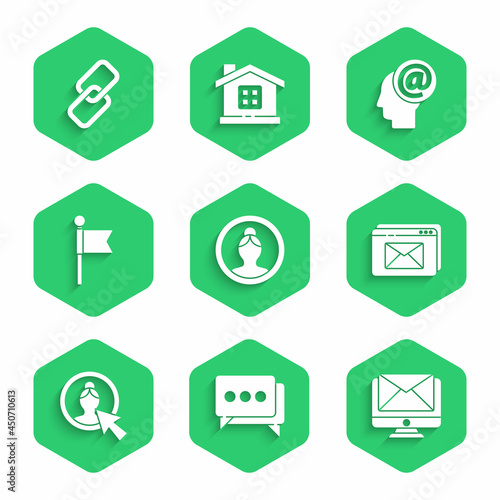 Set Create account screen, Speech bubble chat, Monitor and envelope, Website, Location marker, Mail e-mail and Chain link icon. Vector
