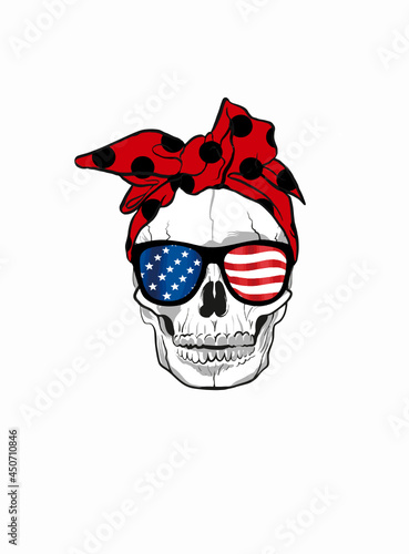 Cráneo con gafas de bandera americana y pañuelo negro y rojo