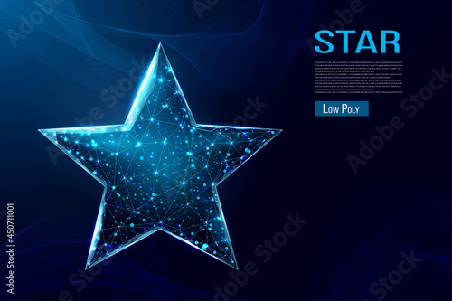 Wireframe star, low poly style. Success, win symbol concept. Abstract modern 3d vector illustration on dark blue background.