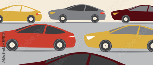 Cars in traffic jam, flat vector stock illustration with road traffic problem and car stop