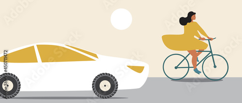Cyclist woman and car, flat vector stock illustration with young woman riding a bicycle on the roadway with transport