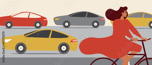 Traffic jam, cyclist on the sidewalk, flat vector stock illustration with bicycle transtort in urban and slow traffic on the road