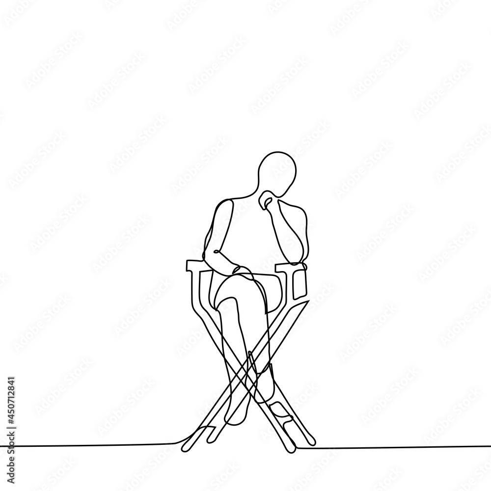 man sits on a high wooden chair - one line drawing. concept director sits in a folding director's chair and observes or reflects