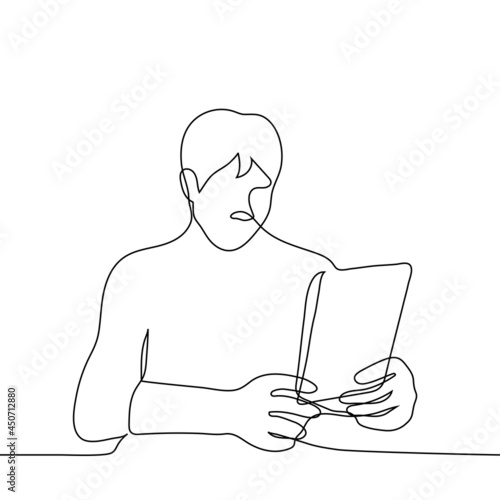 man sits holding a tablet in which he looks with both hands - one line drawing. concept of online surfing, buying a new gadget (tablet)