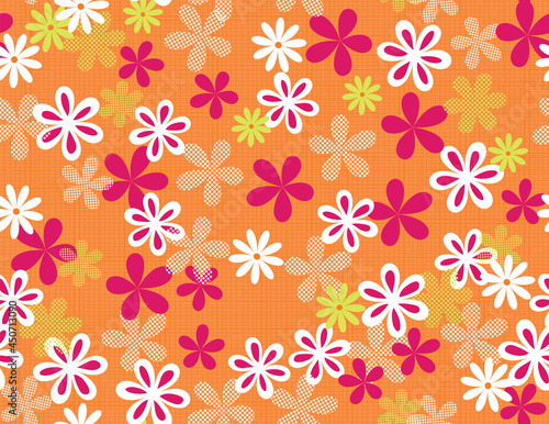 Tropical, retro, orange.. so cute. This vector pattern repeats blossoms seamlessly in a warm and trendy color pallet. 