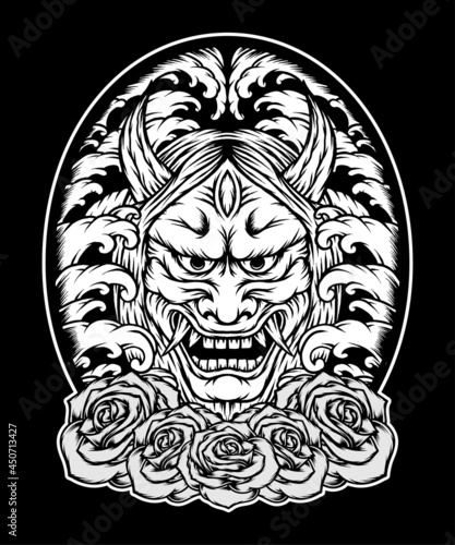 Monochrome oni mask japan with roses