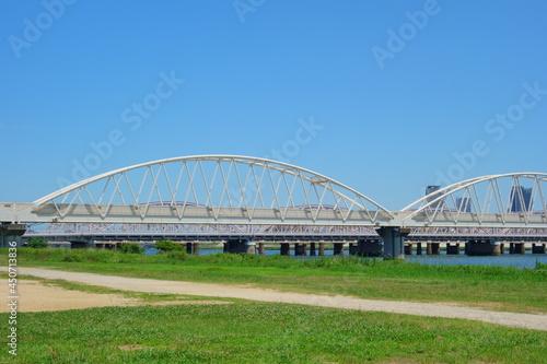 夏の淀川河川敷と橋