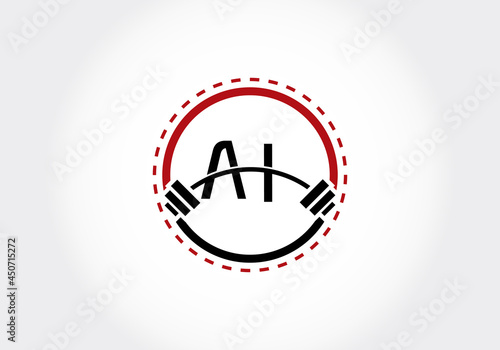 Initial AI Letter alphabet with a barbell. Lifting vector logo design. Modern vector logo for bodybuilding, gym, fitness, and company identity