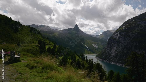 At the Zervreila reservoir in a beautiful Swiss mountain landscape. in the background the Zervreilahorn photo