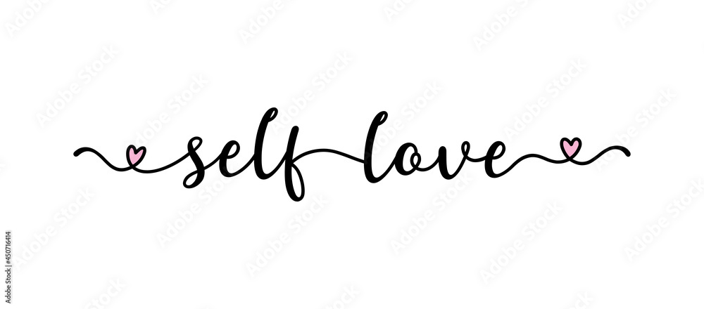 Hand sketched SELFLOVE quote as ad, web banner. Lettering for banner, header