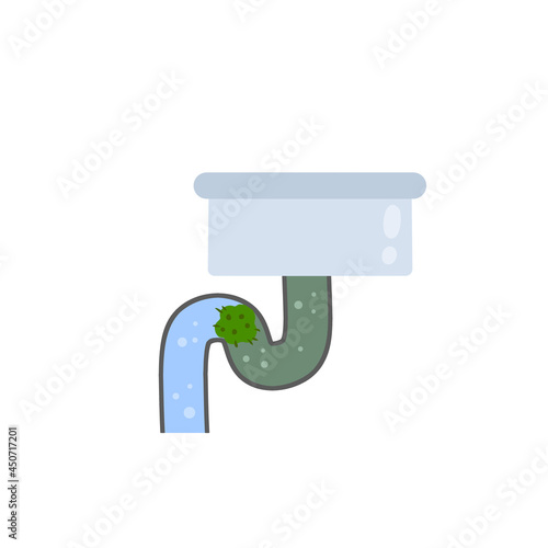 Blockage of pipe. Sink in bath and kitchen. Dirty tube. Water and garbage. Technical work. Broken sewer system. Blue washbasin. Plumbing and sanitary ware. Cartoon flat illustration
