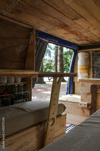 wooden table leg in van