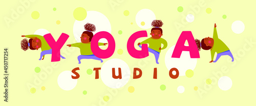 a dark-skinned girl does different yoga asanas. logo  poster for yoga studio.