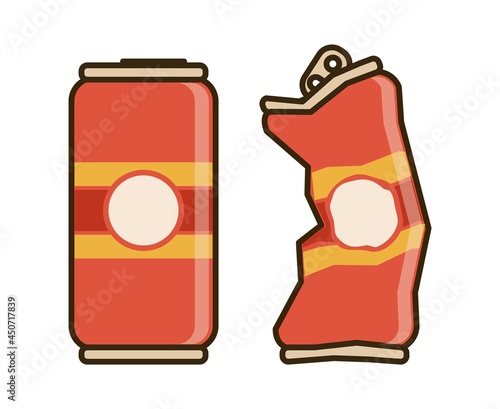 Red aluminum beverage can. Crumpled drink can. Vector illustration.