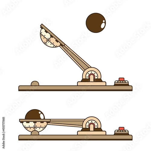 Mechanical catapult throws cannonball. Steampunk catapult made of metal with button. Vector illustration.