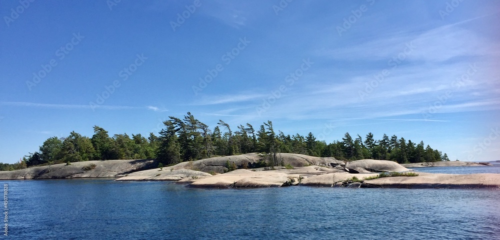 Smooth Granite rock formations with Windswept Pine in Georgian Bay Ontario Canada