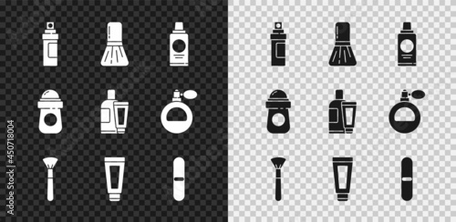 Set Perfume, Makeup brush, Bottle of shampoo, Cream or lotion cosmetic tube, Nail file, Antiperspirant deodorant roll and icon. Vector