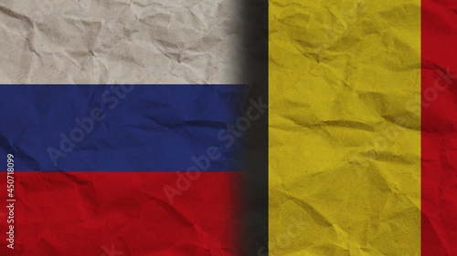 Belgium and Russia Flags Together, Crumpled Paper Effect Background 3D Illustration