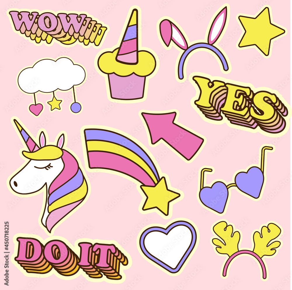 Brightly coloured doodle stickers. Unicorn, heart glasses, star, cupcake, circle hare, reindeer. Signs wow, yes, do it.