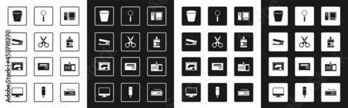 Set Computer monitor, Scissors, Office stapler, Trash can, Glue, Magnifying glass, Identification badge and Certificate template icon. Vector